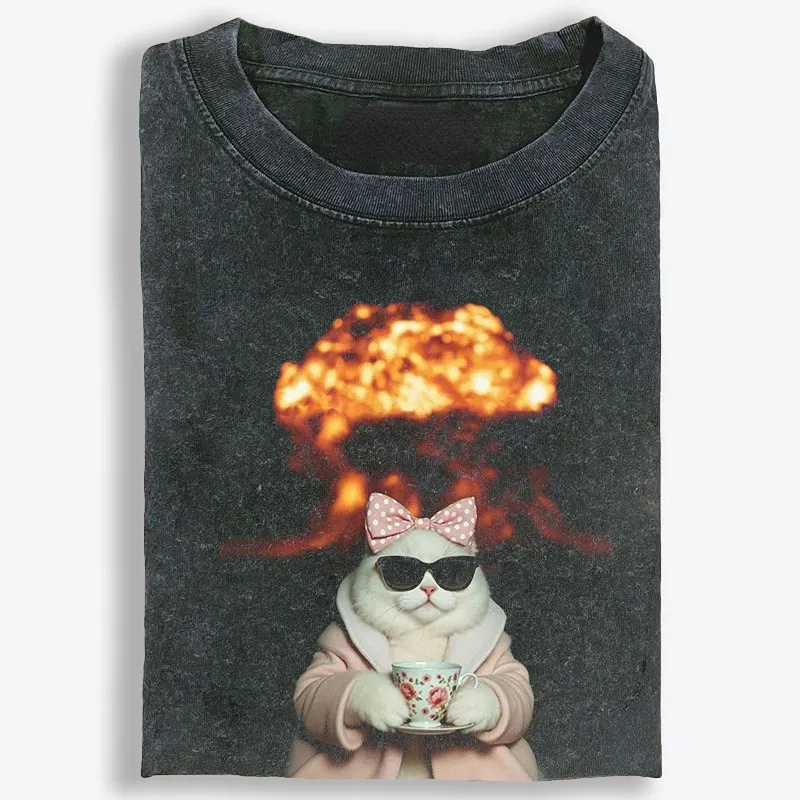 Cat with Tea & Nuclear Explosion Retro Washed T-Shirt | 100% Cotton | Streetwear Essential