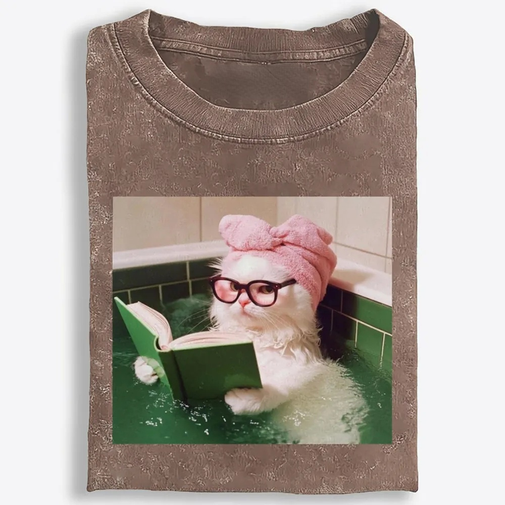 Bathtub Reading Cat Aesthetic Retro Washed T-Shirt | 100% Cotton | Streetwear Essential