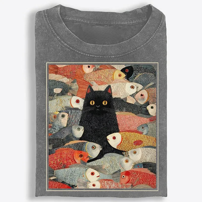 Black Cat Among Fish Art Retro Washed T-Shirt | 100% Cotton | Streetwear Essential