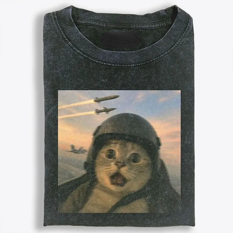 Fighter Jet Cat Pilot Meme Retro Washed T-Shirt | 100% Cotton | Streetwear Essential