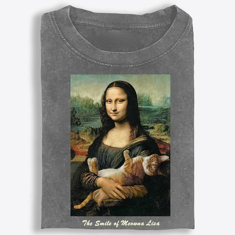 Meowna Lisa Mona Lisa Cat Parody Retro Washed T-Shirt | 100% Cotton | Streetwear Essential