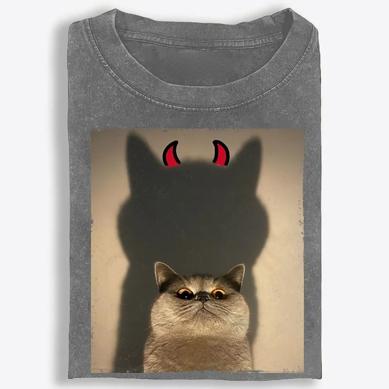 Demon Shadow Cat Meme Retro Washed T-Shirt | 100% Cotton | Streetwear Essential