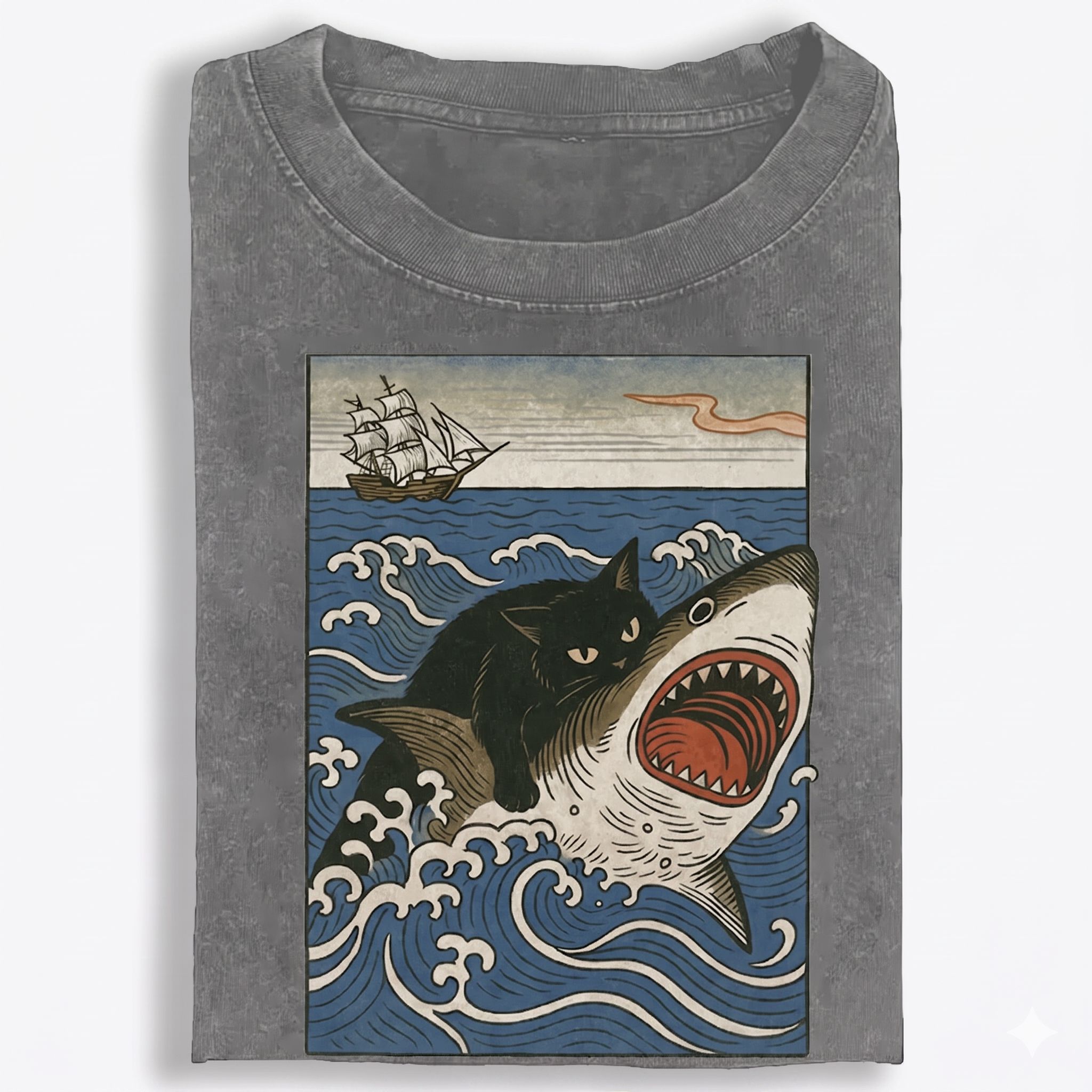 Ukiyo-e Cat Riding Shark Retro Washed T-Shirt | 100% Cotton | Streetwear Essential