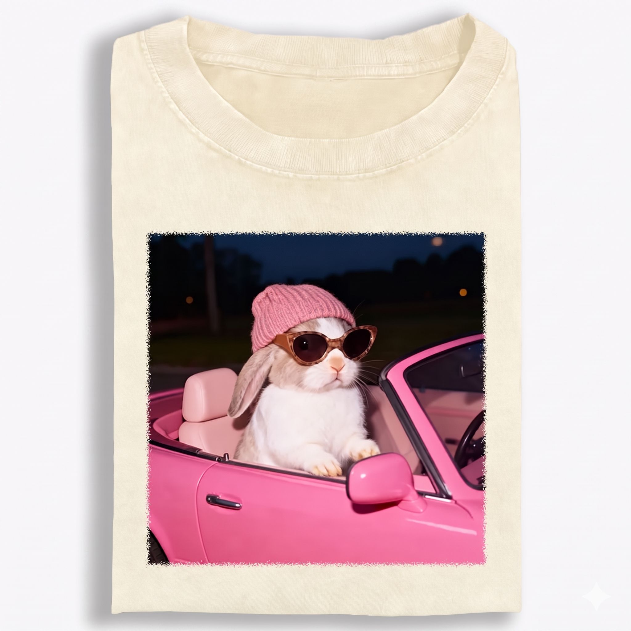 Fashion Bunny Cruising In Pink Car Retro Washed T-Shirt | 100% Cotton | Streetwear Essential