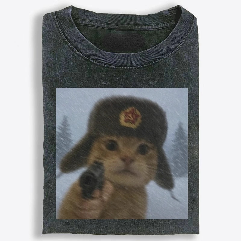 Soviet Ushanka Cat Retro Washed T-Shirt | 100% Cotton | Streetwear Essential
