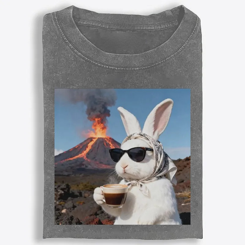 Volcano Coffee Bunny Retro Washed T-Shirt | 100% Cotton | Streetwear Essential