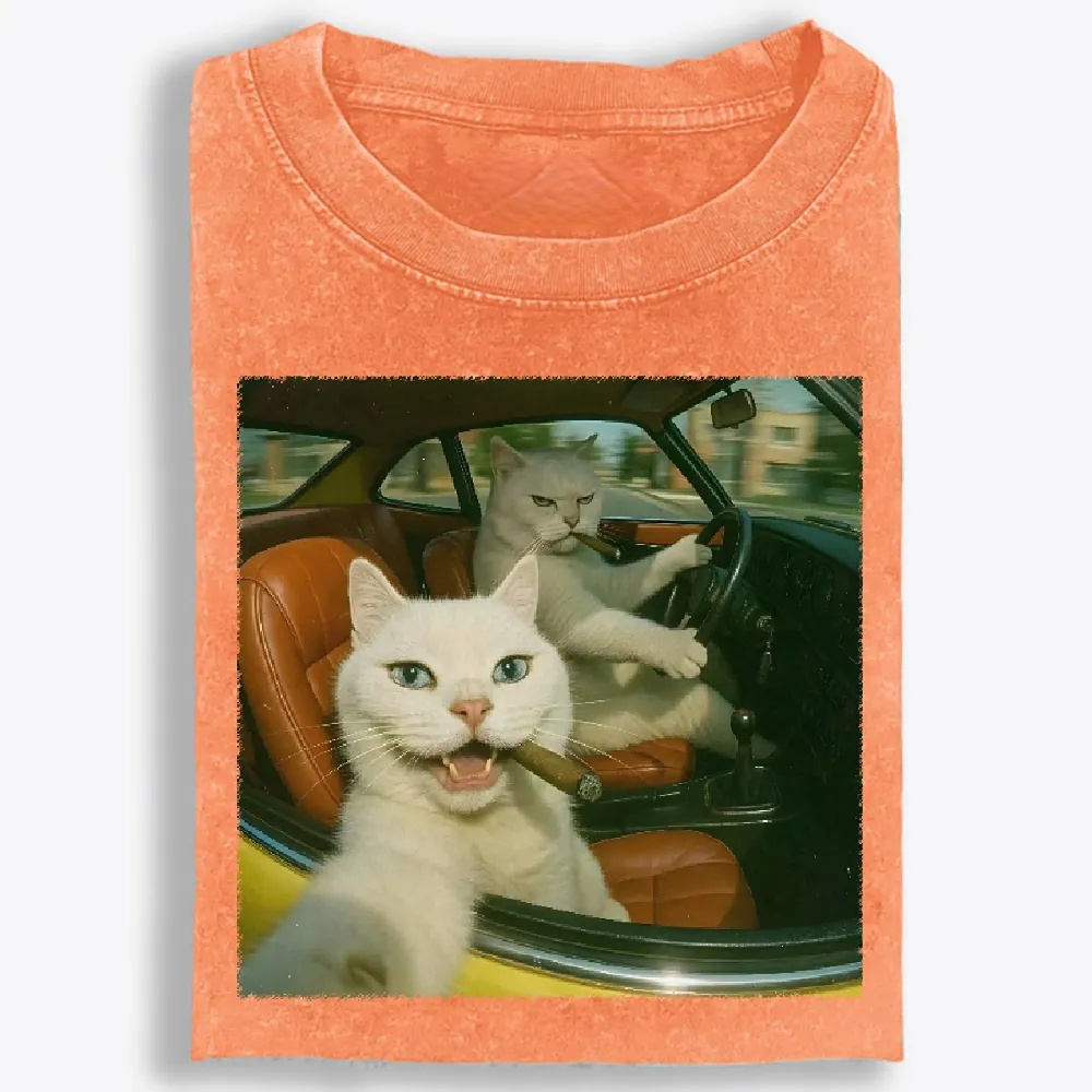 Cats With Cigars, Retro Vibes Washed T-Shirt | 100% Cotton | Streetwear Essential