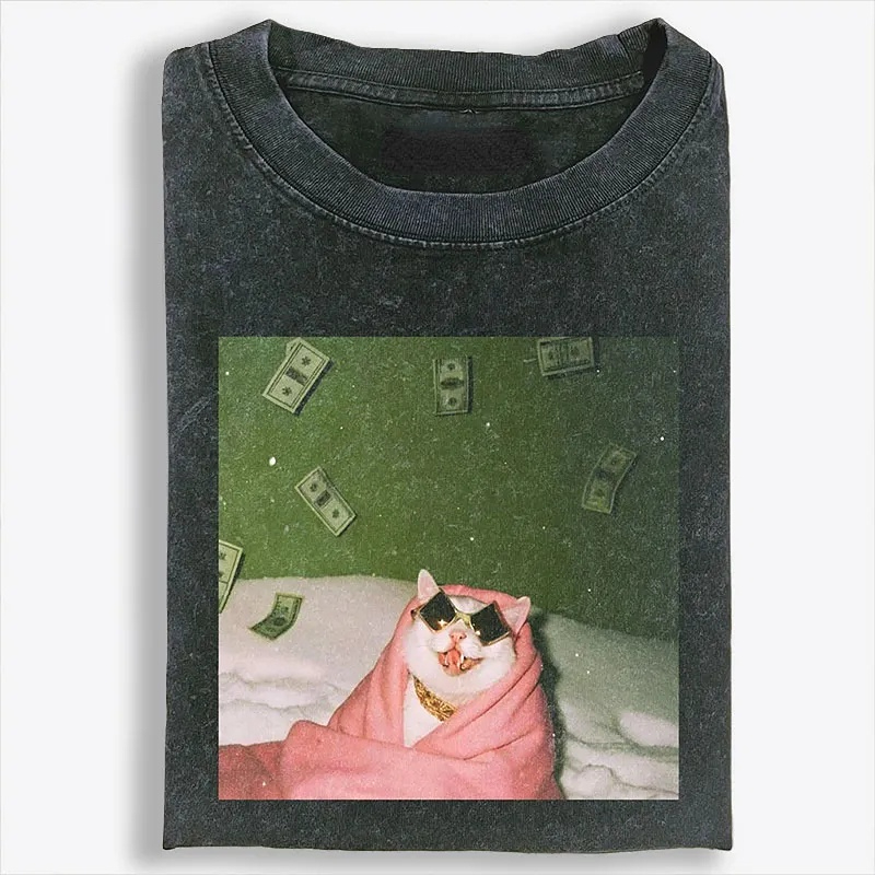 Rich Cat with Money Retro Washed T-Shirt | 100% Cotton | Streetwear Essential