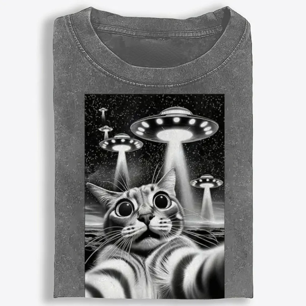 Cat Selfie with UFOs Sci-Fi Retro Washed T-Shirt | 100% Cotton | Streetwear Essential