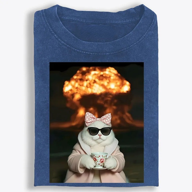 Cat with Tea & Nuclear Explosion Retro Washed T-Shirt | 100% Cotton | Streetwear Essential