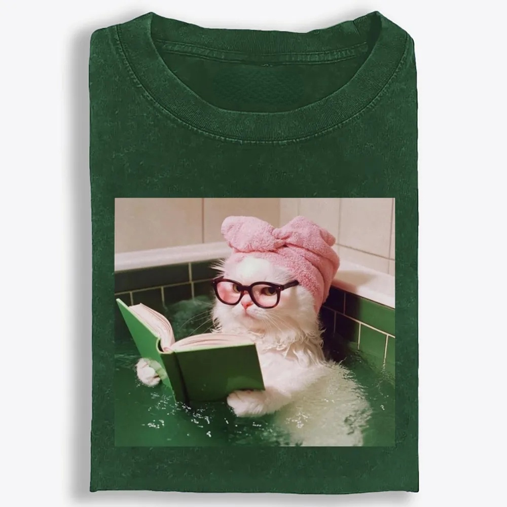 Bathtub Reading Cat Aesthetic Retro Washed T-Shirt | 100% Cotton | Streetwear Essential