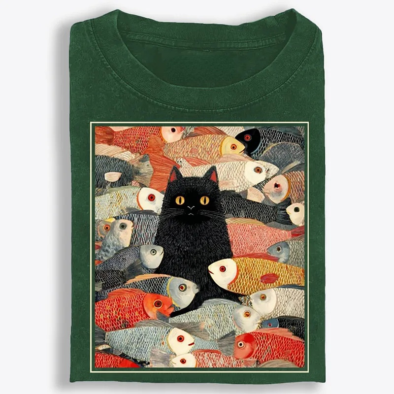 Black Cat Among Fish Art Retro Washed T-Shirt | 100% Cotton | Streetwear Essential