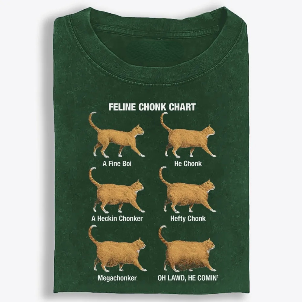 Feline Chonk Chart Cat Retro Washed T-Shirt | 100% Cotton | Streetwear Essential