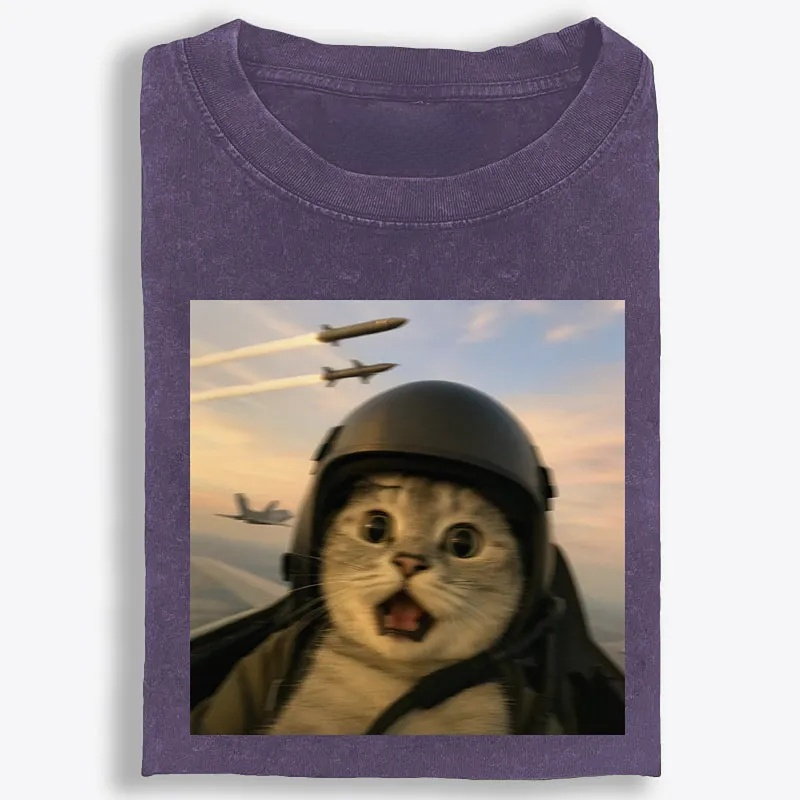 Fighter Jet Cat Pilot Meme Retro Washed T-Shirt | 100% Cotton | Streetwear Essential