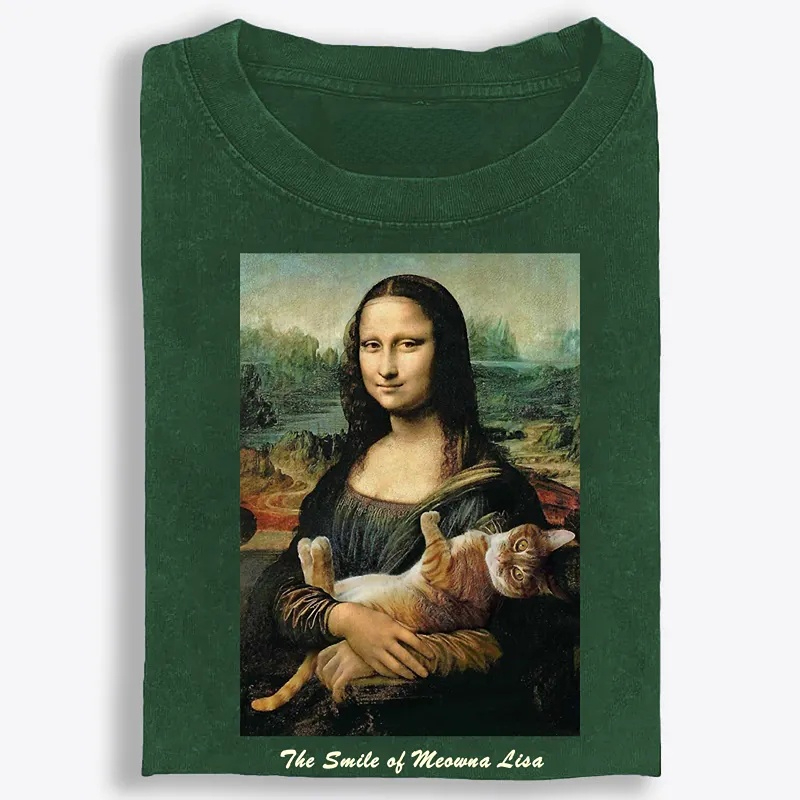 Meowna Lisa Mona Lisa Cat Parody Retro Washed T-Shirt | 100% Cotton | Streetwear Essential