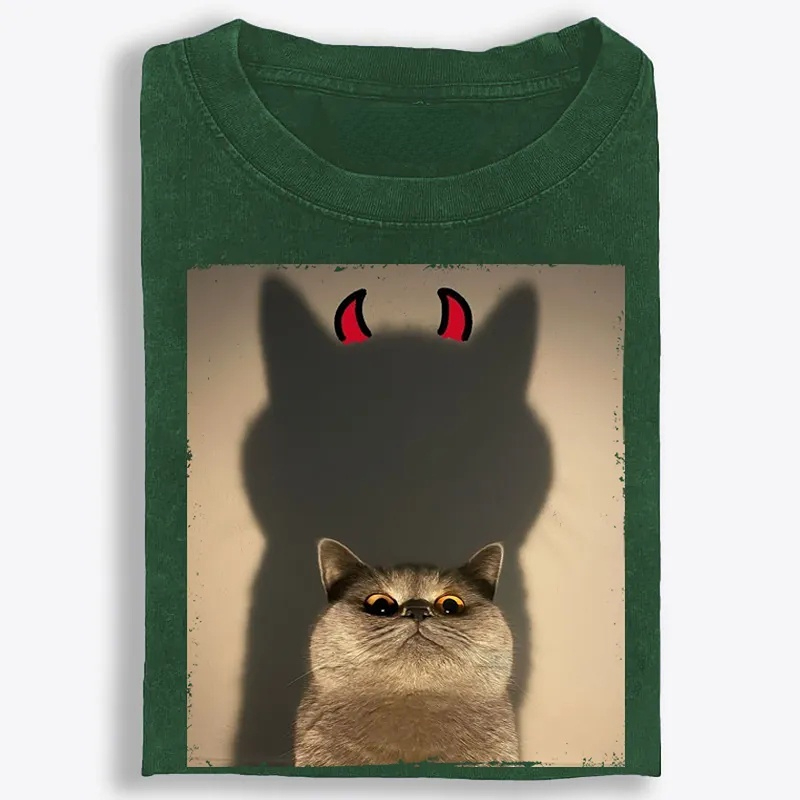 Demon Shadow Cat Meme Retro Washed T-Shirt | 100% Cotton | Streetwear Essential