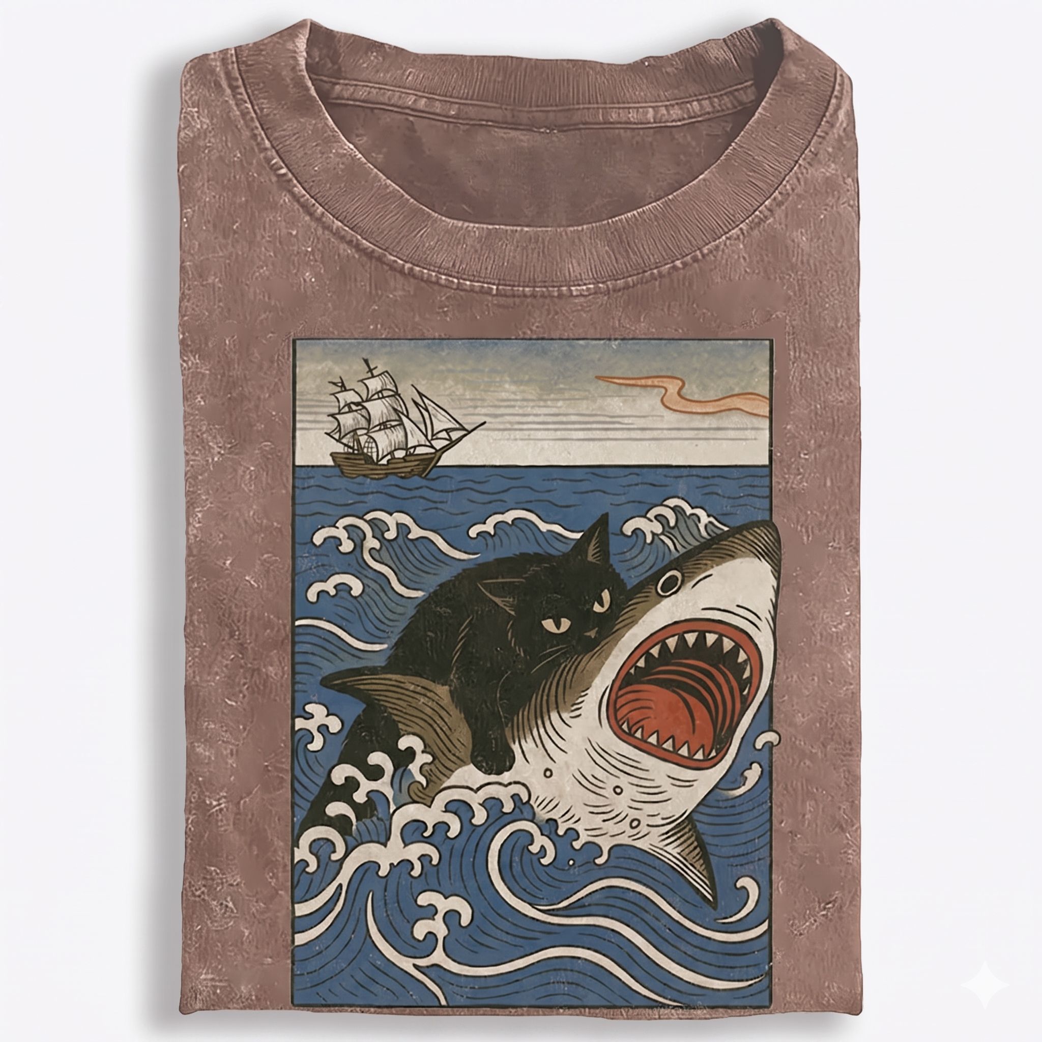 Ukiyo-e Cat Riding Shark Retro Washed T-Shirt | 100% Cotton | Streetwear Essential