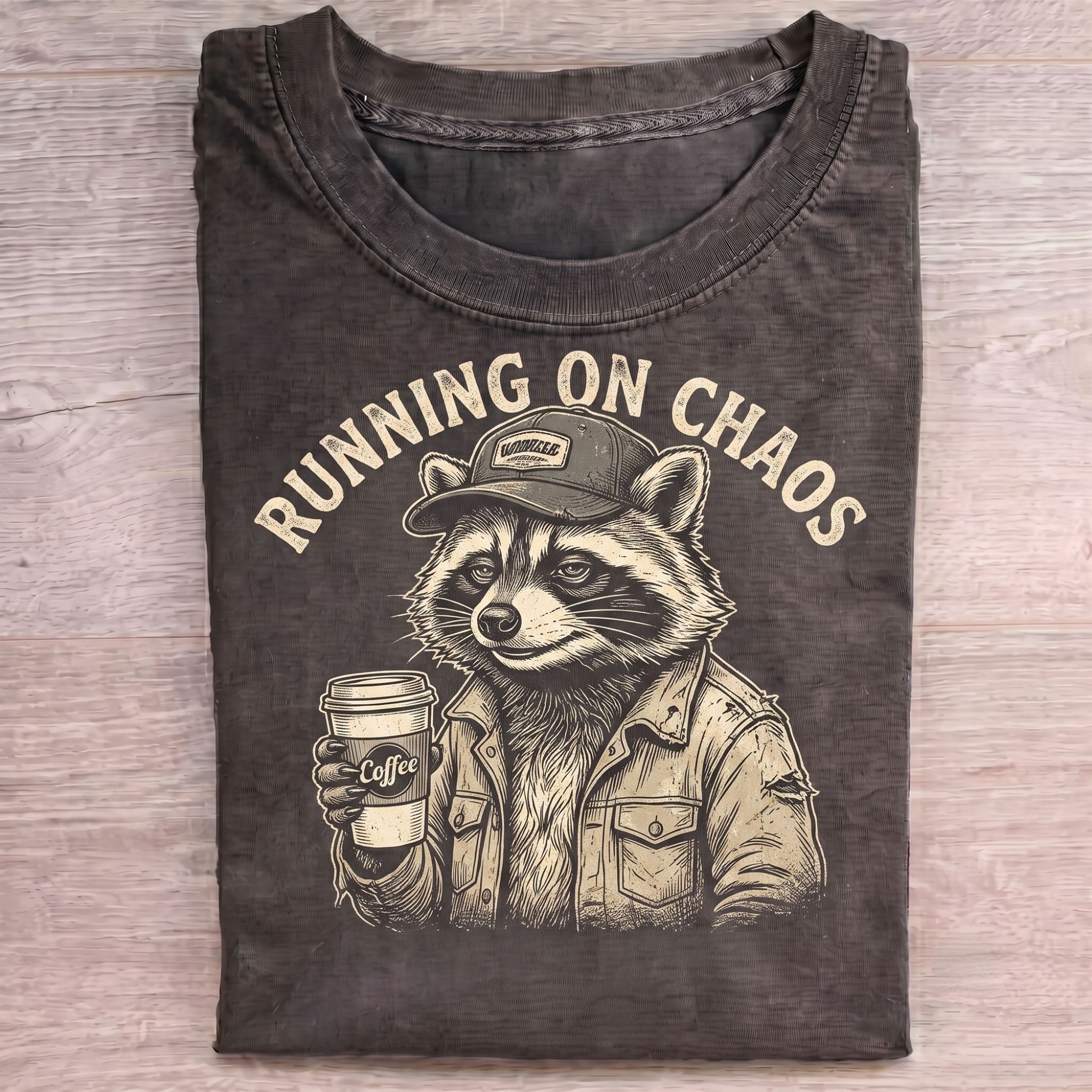 Running on Chaos Raccoon Coffee T-shirt