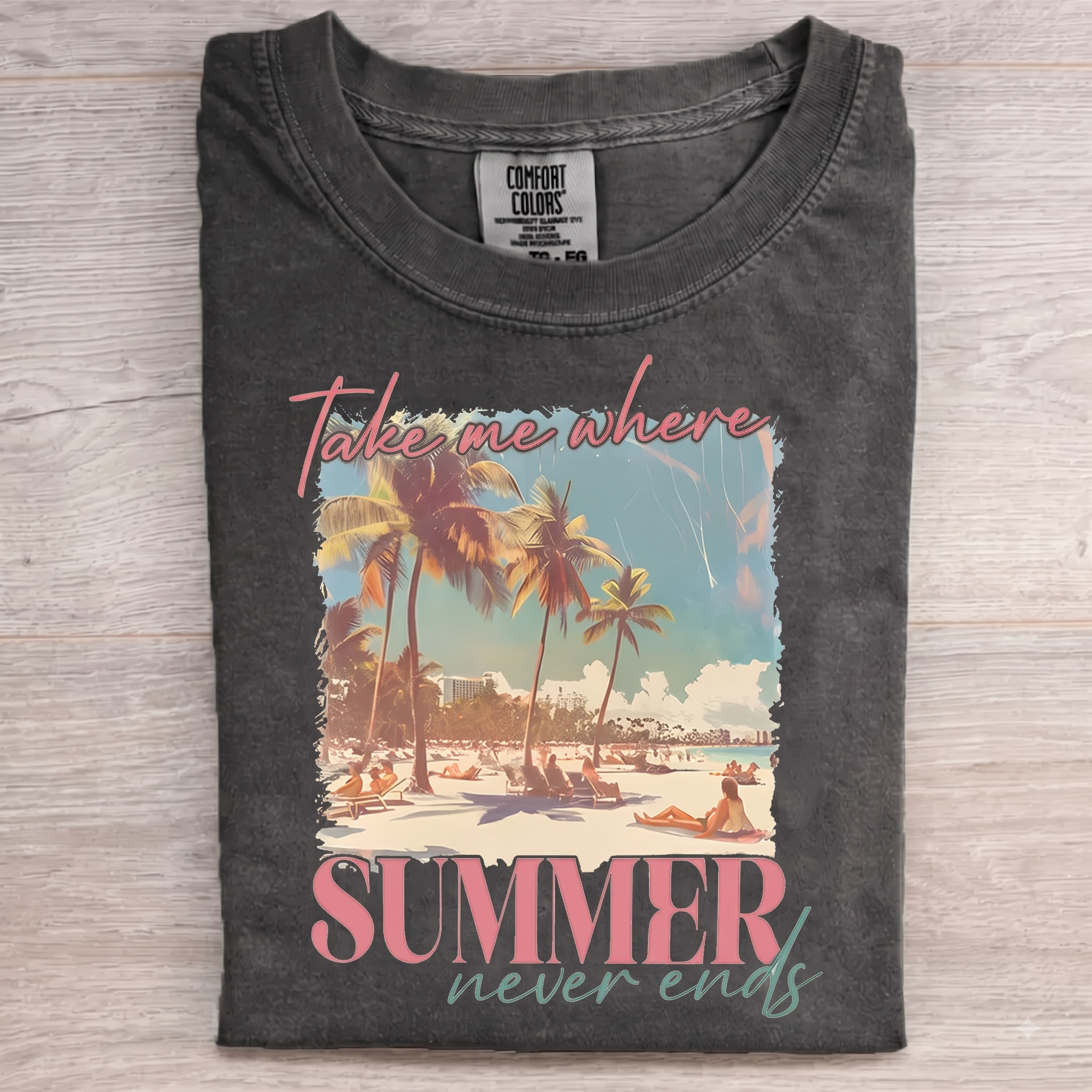 Hand-Drawn Tropical Sunset "Take Me to Summer" 1980s Cotton T-Shirt