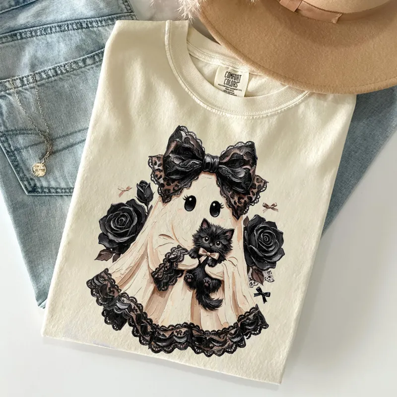Cute Black Cat Ghost Halloween T-shirt