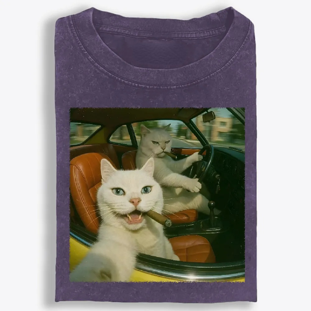 Cats With Cigars, Retro Vibes Washed T-Shirt | 100% Cotton | Streetwear Essential