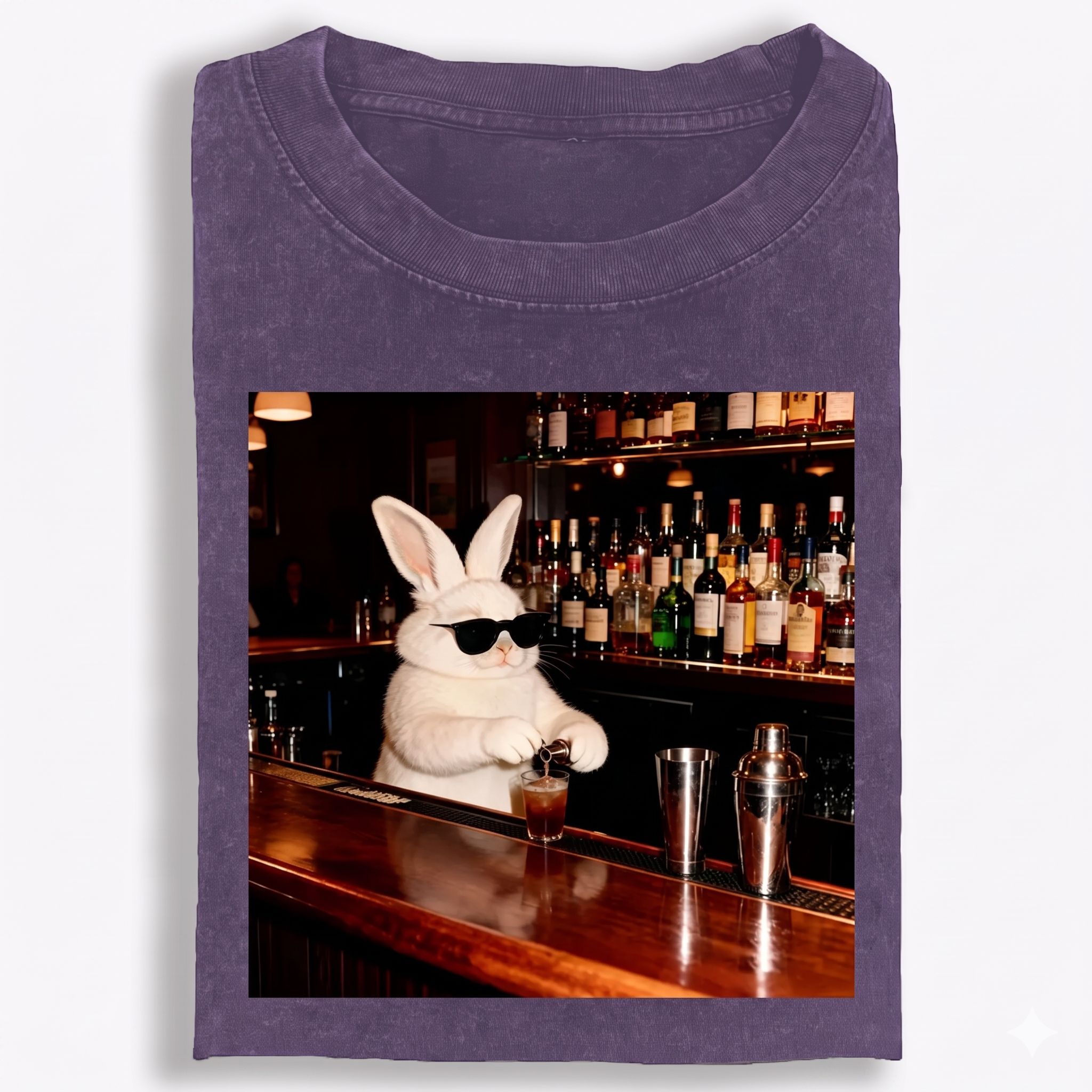Bartender Rabbit Cool Guy Retro Washed T-Shirt | 100% Cotton | Streetwear Essential