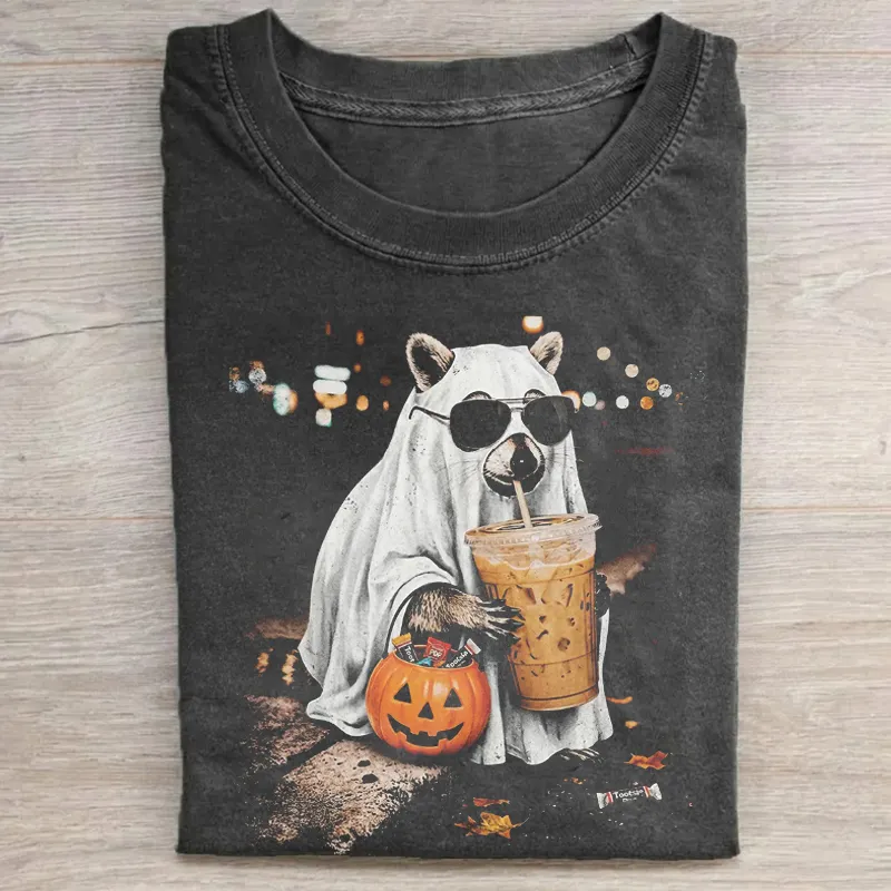 Funny Halloween Raccoon with Pumpkin and Coffee T-shirt