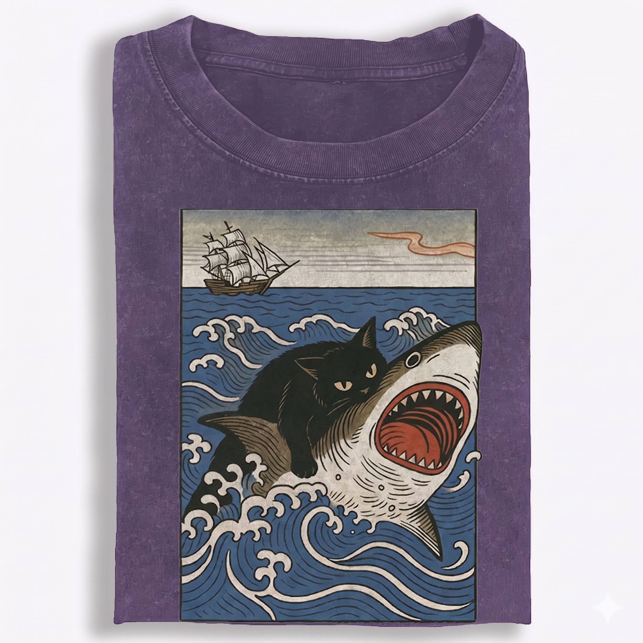 Ukiyo-e Cat Riding Shark Retro Washed T-Shirt | 100% Cotton | Streetwear Essential