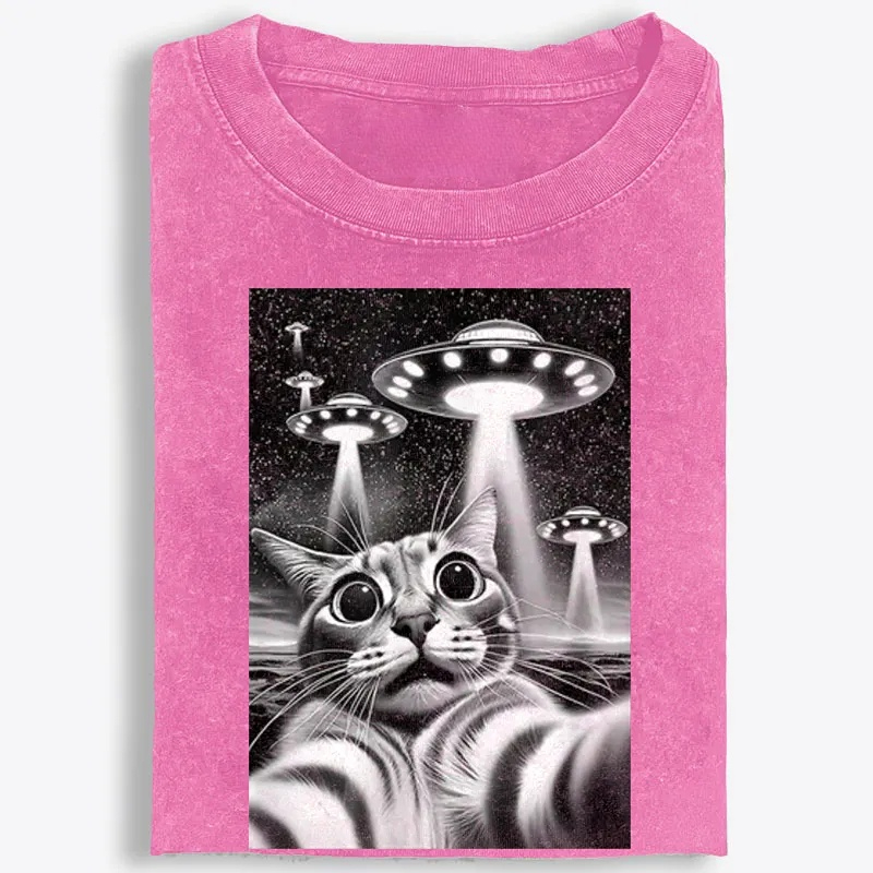 Cat Selfie with UFOs Sci-Fi Retro Washed T-Shirt | 100% Cotton | Streetwear Essential