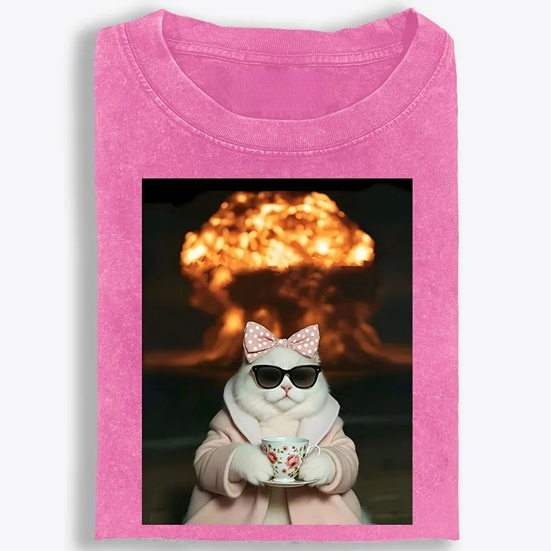 Cat with Tea & Nuclear Explosion Retro Washed T-Shirt | 100% Cotton | Streetwear Essential