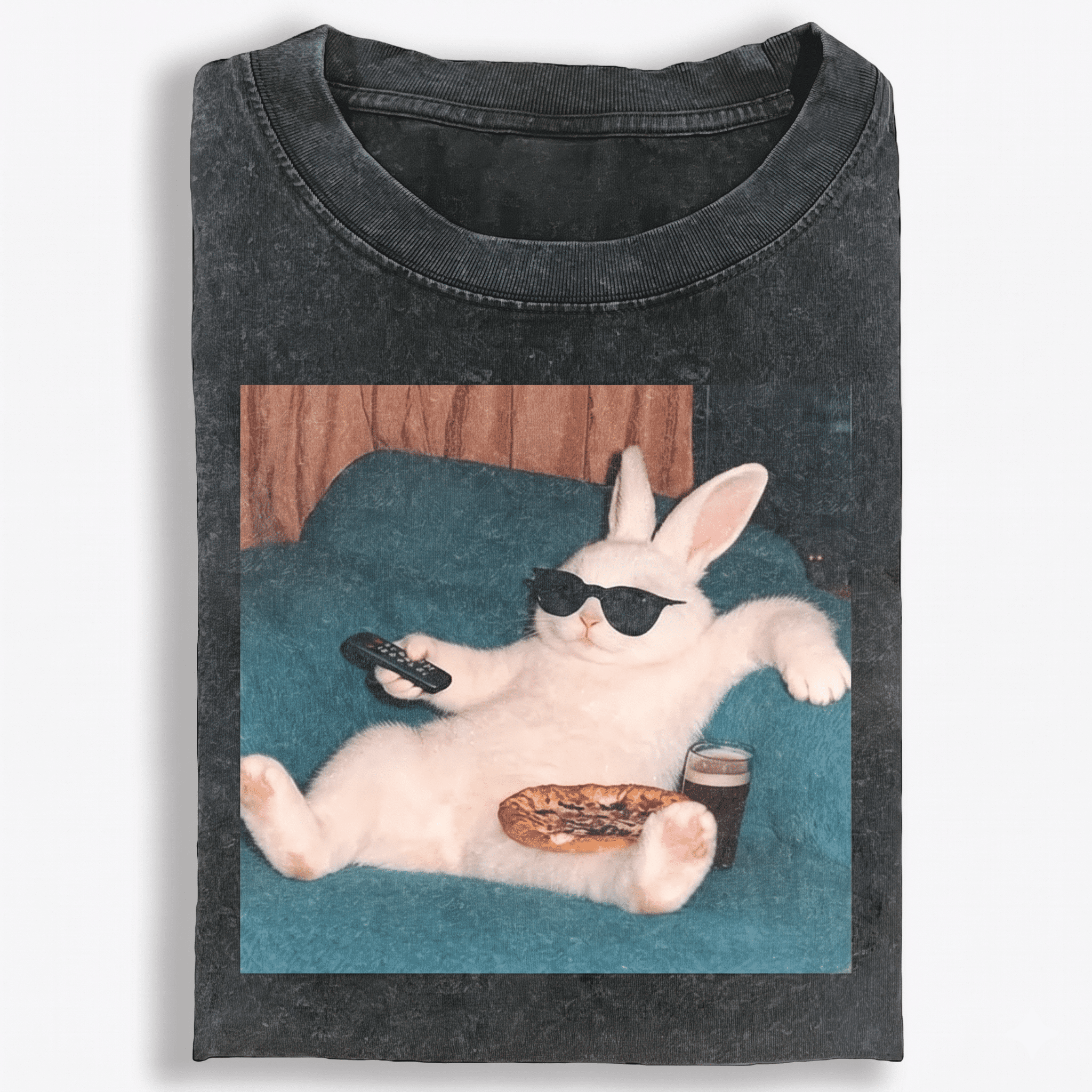 Couch Potato Bunny Retro Washed T-Shirt | 100% Cotton | Streetwear Essential