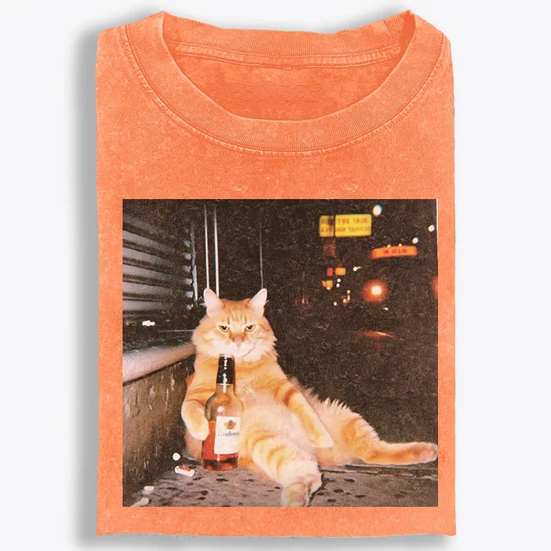 Street Drunk Cat Meme Retro Washed T-Shirt | 100% Cotton | Streetwear Essential
