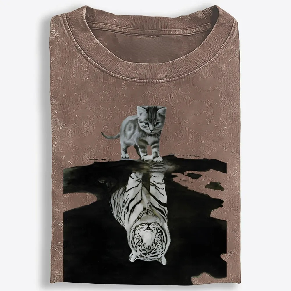 Tiger Shadow Kitten Retro Washed T-Shirt | 100% Cotton | Streetwear Essential