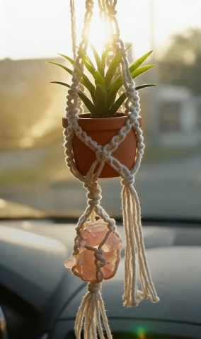 Mini Bohemian-style handwoven hanging plant basket (with artificial plants)