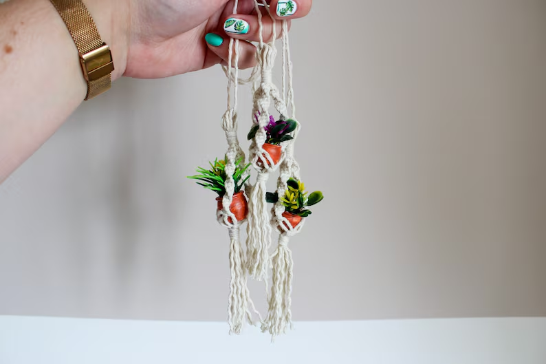 Mini Bohemian-style handwoven hanging plant basket (with artificial plants)