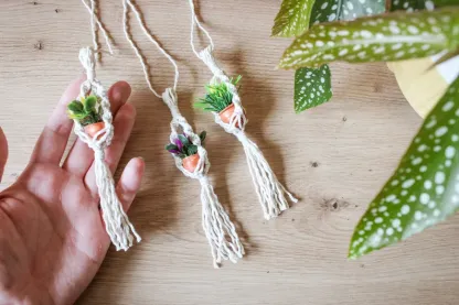 Mini Bohemian-style handwoven hanging plant basket (with artificial plants)