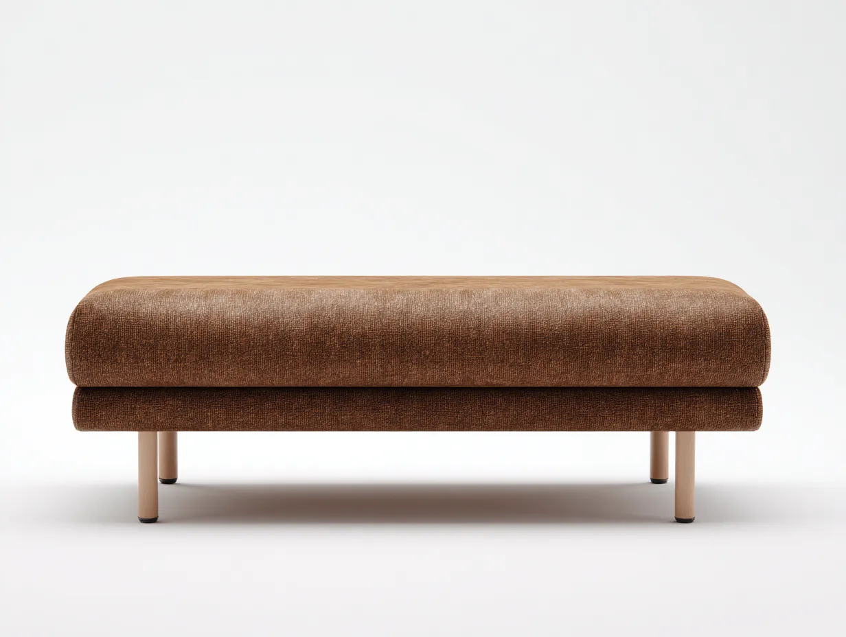Banco tapizado para salón 140x43x44 cm - marrón avellana y madera clara - para salón - diseño alargado con volumen redondeado y patas finas