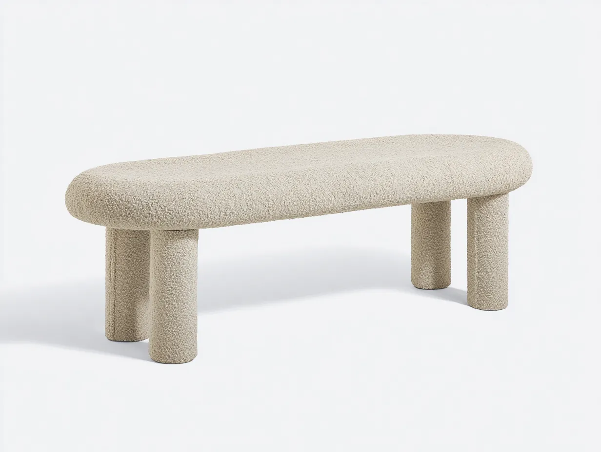 Banco tapizado para salón 139x42x45 cm - blanco crema - para salón - diseño ovalado con patas cilíndricas y asiento continuo