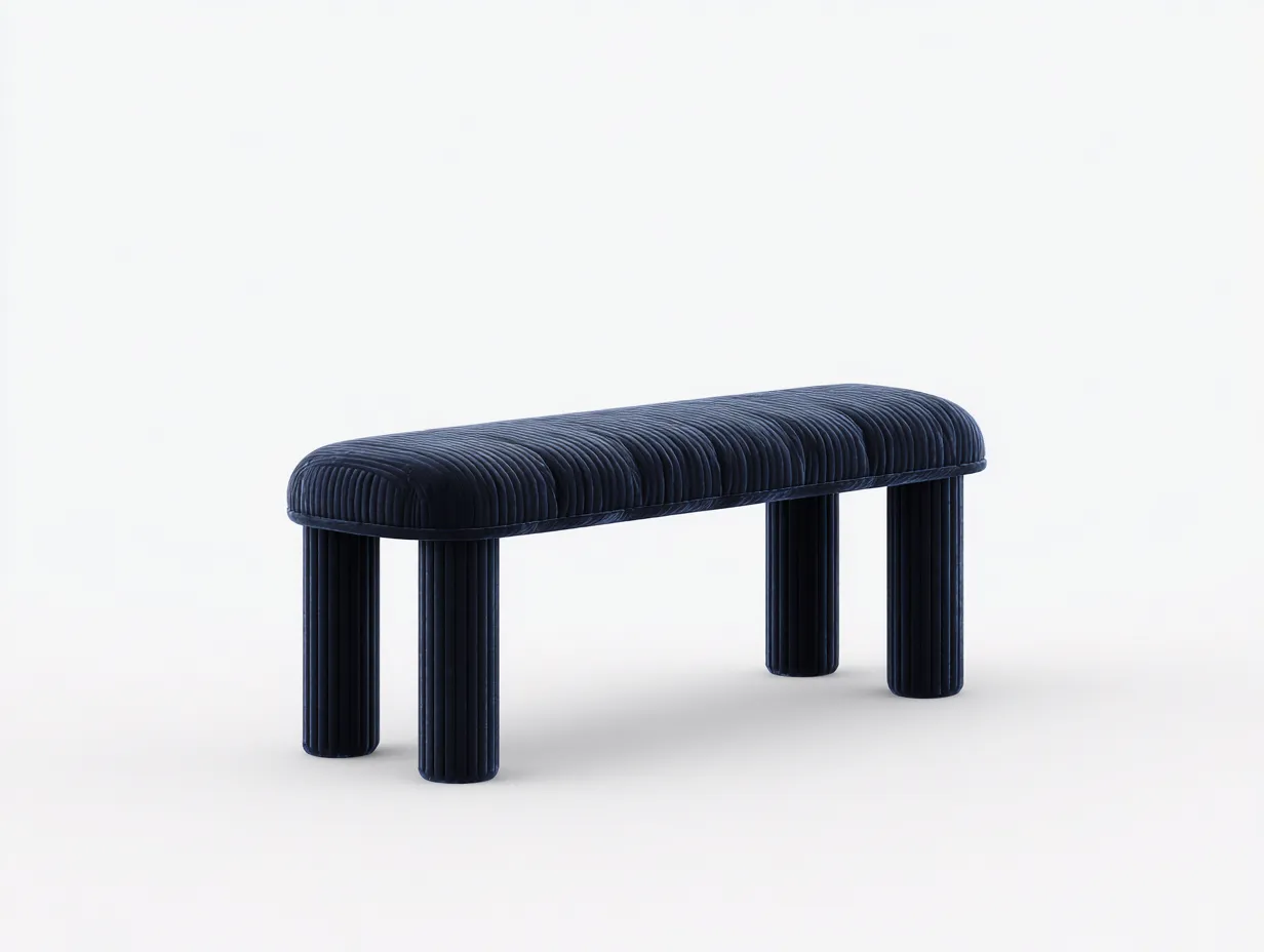 Banco tapizado para salón 134x40x46 cm - azul marino - para salón - diseño acanalado con volumen redondeado y patas cilíndricas