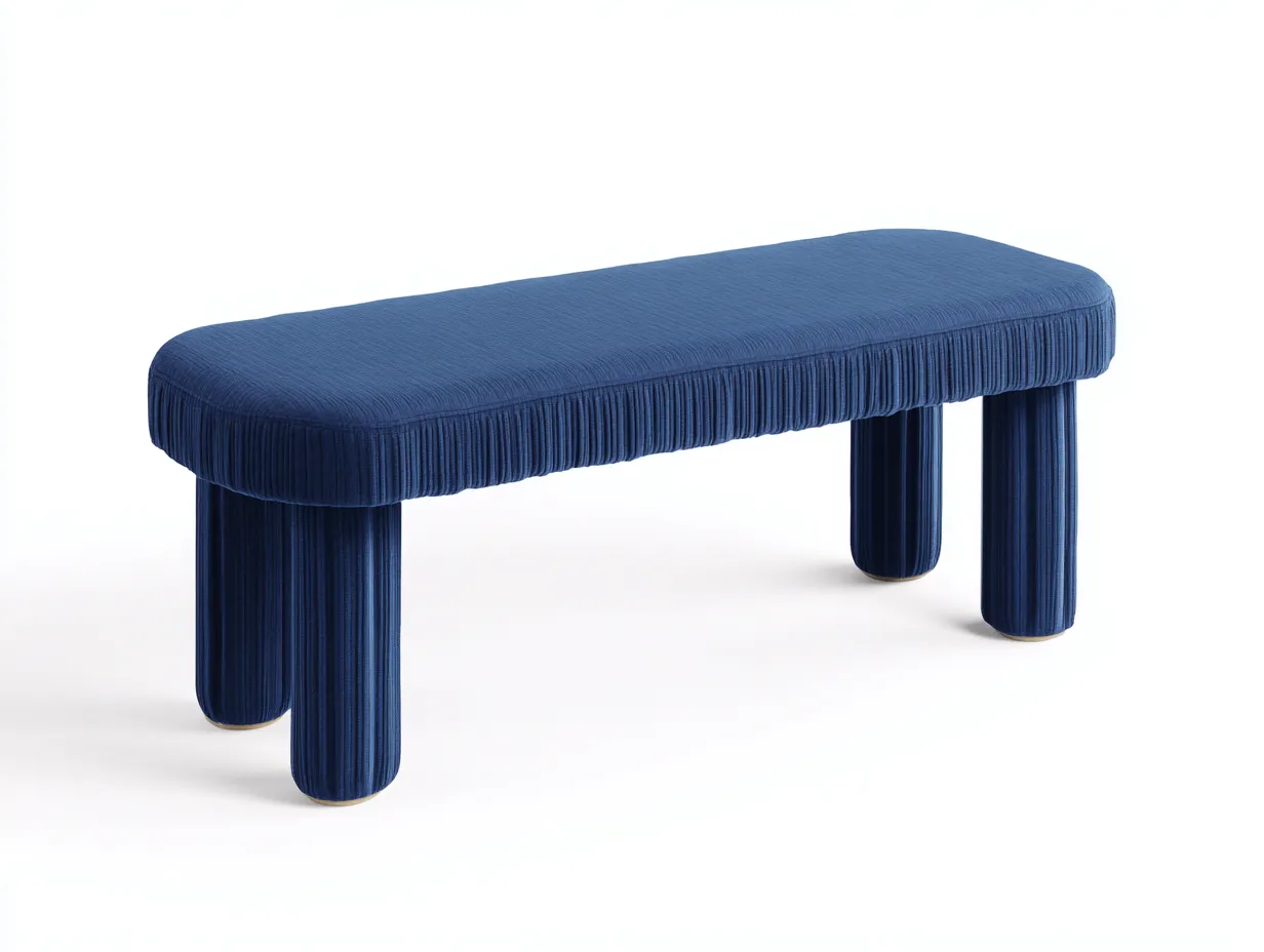 Banco tapizado para salón 135x40x46 cm - azul cobalto - para salón - diseño acanalado con bordes redondeados y patas cilíndricas