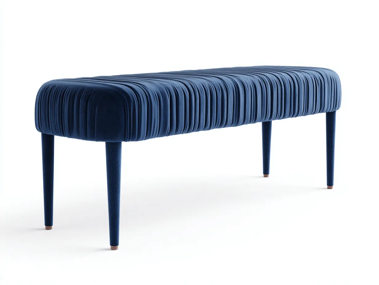 Banco tapizado para salón 138x41x47 cm - azul marino - para salón - diseño alargado con relieve vertical y patas estilizadas