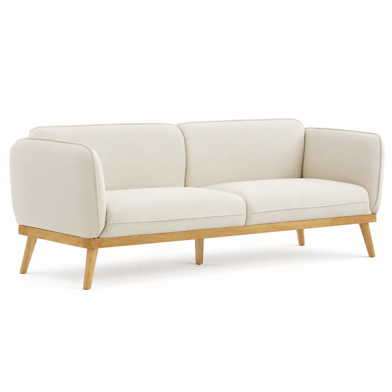 Trzyosobowa sofa z drewna bukowego i beżowej tkaniny