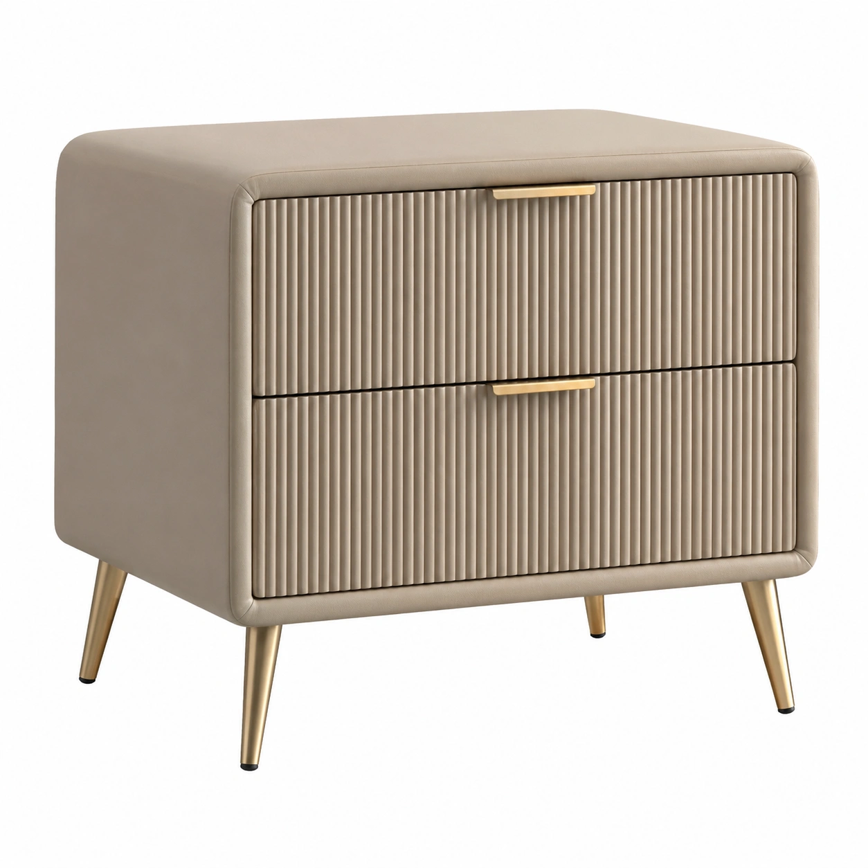 Mesita de noche moderna tapizada con 2 cajones y patas metalicas color beige-decovaroa