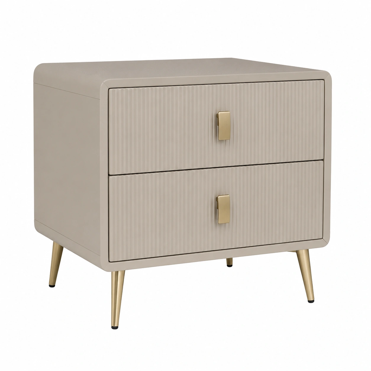 Mesita de noche moderna 2 cajones texturizada beige con patas doradas-decovaroa