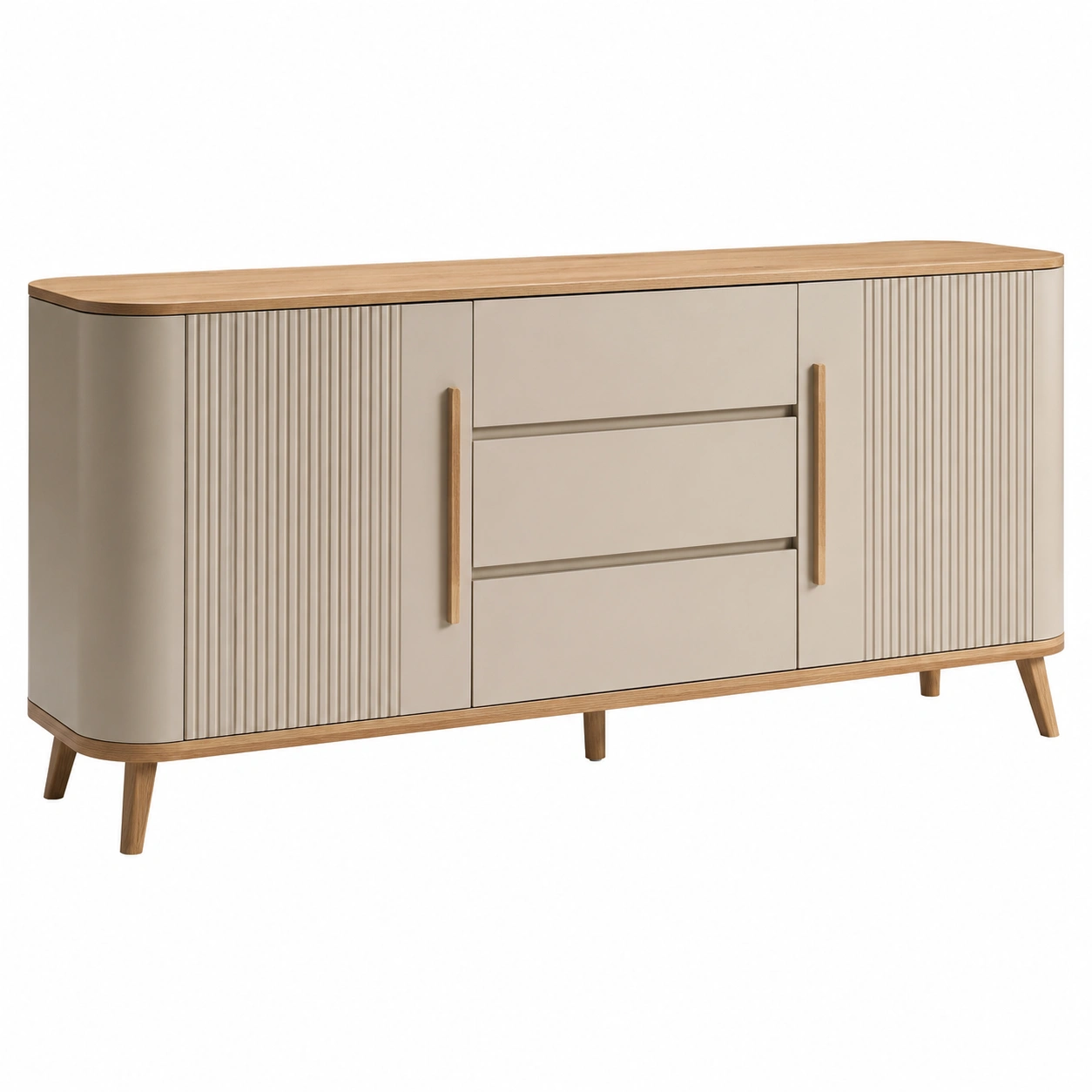 Aparador Moderno Curvo Beige y Roble con Puertas Ranuradas-decovaroa