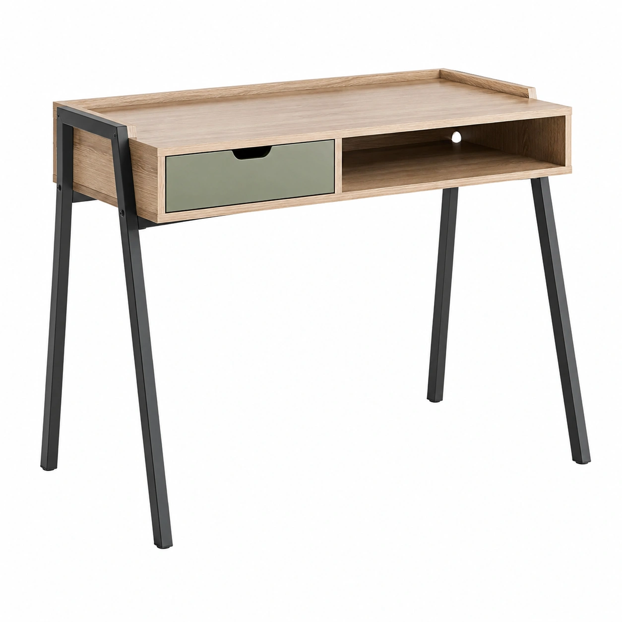 Escritorio nordico con cajon y compartimento abierto Roble claro y negro-decovaroa