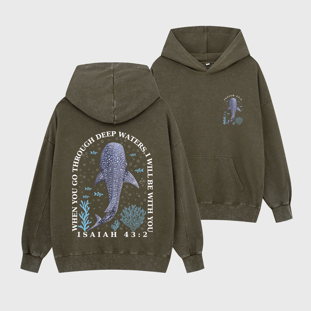When You Go Through Deep Waters Whale Christian Washed Hoodie