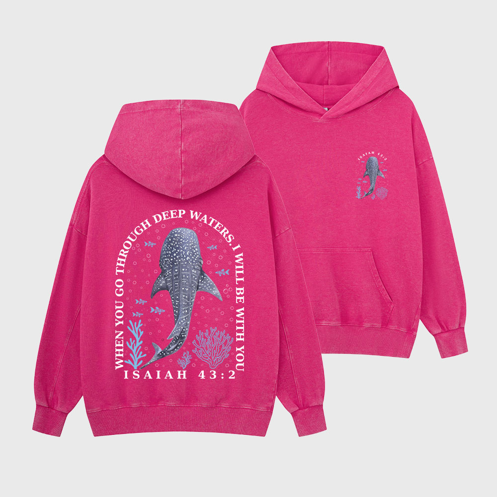 When You Go Through Deep Waters Whale Christian Washed Hoodie