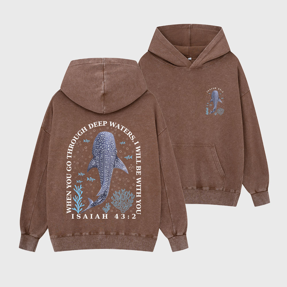 When You Go Through Deep Waters Whale Christian Washed Hoodie