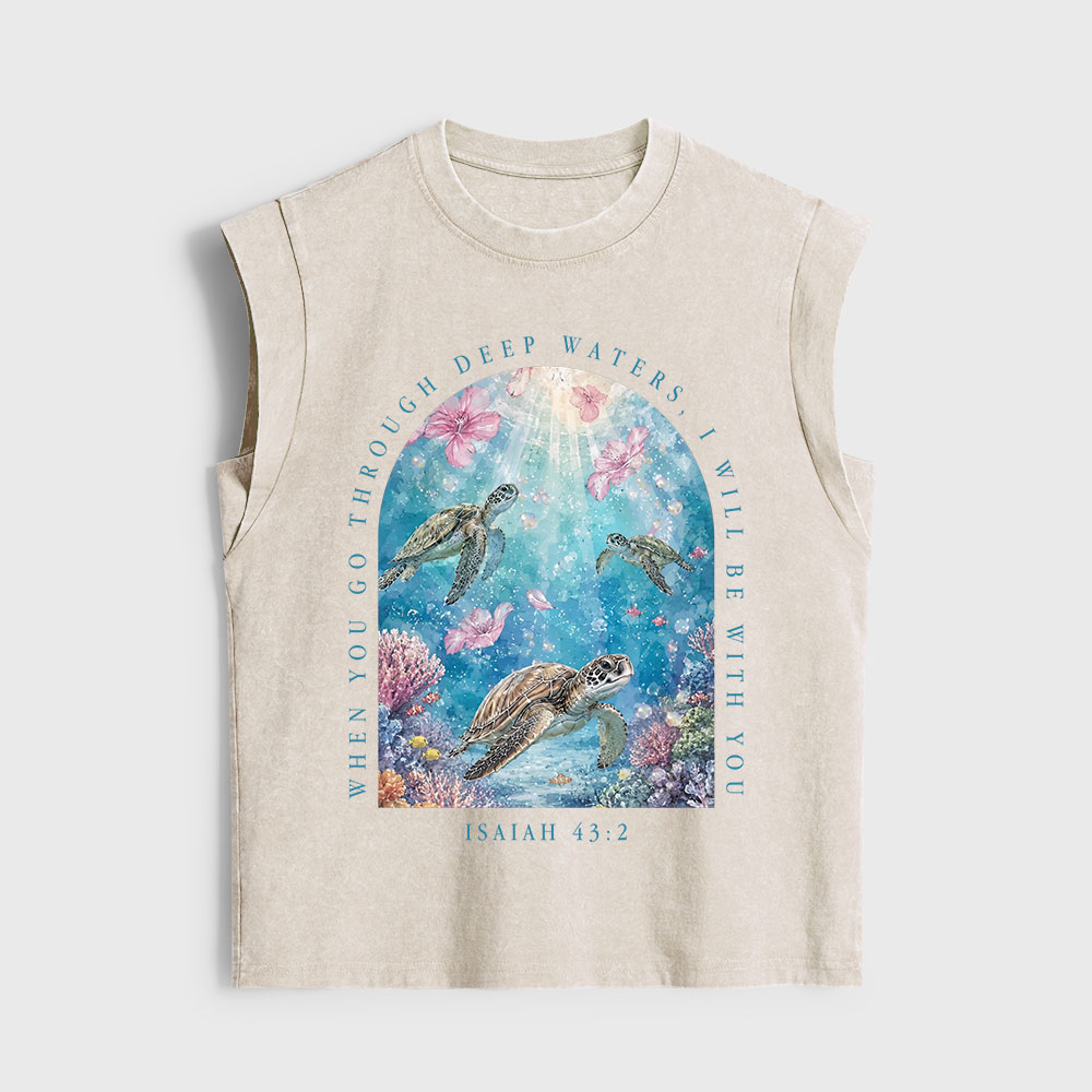 When You Go Through Deep Water I Will Be With You Christian Women's Washed Tank Top